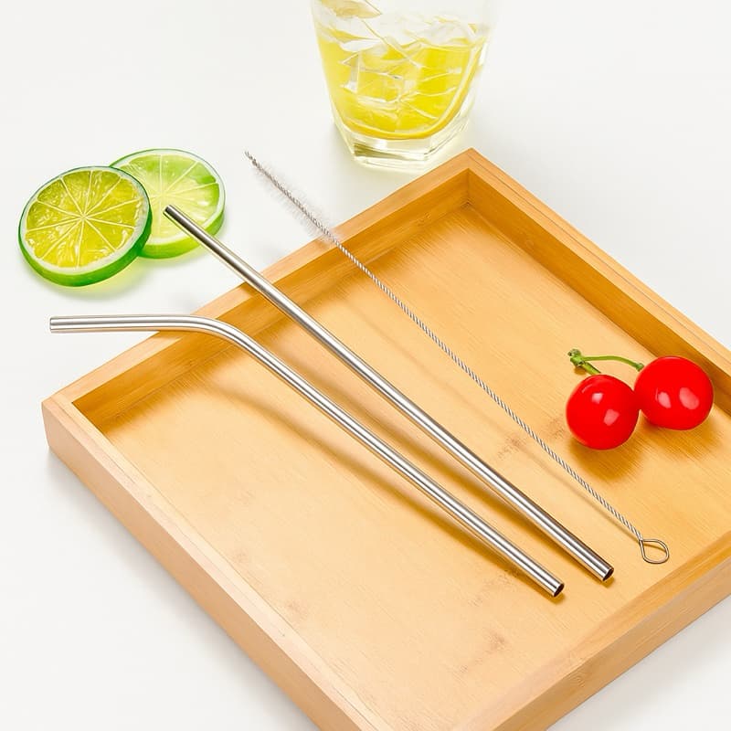Kit 2 Canudos Inox Reutilizáveis + Escova de Limpeza Ecológico Reto e Curvado com Silicone