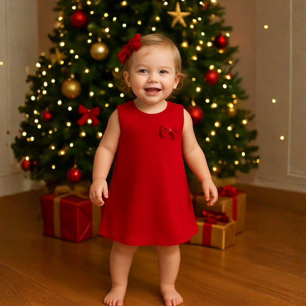 Vestido infantil Natal delicado com laço, tecido leve fresquinho Confortável Festa Passeio Verão