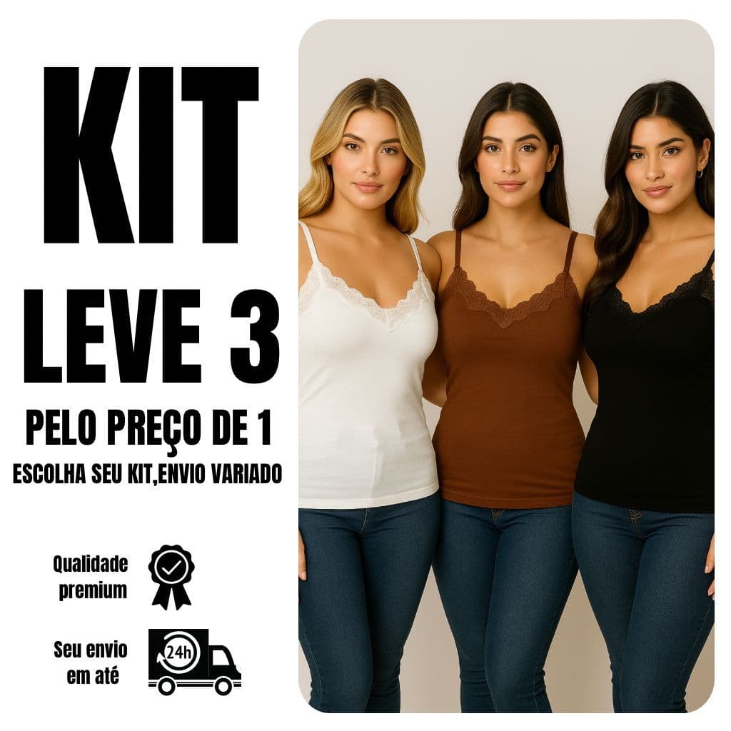 KIT 3 Blusa regata alça fina com bojo decote rendado