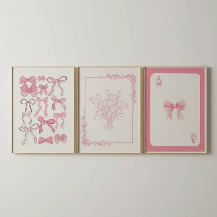 Quadros decorativos Fofo coquet rosa com laços e flores delicadas (3 peças)
