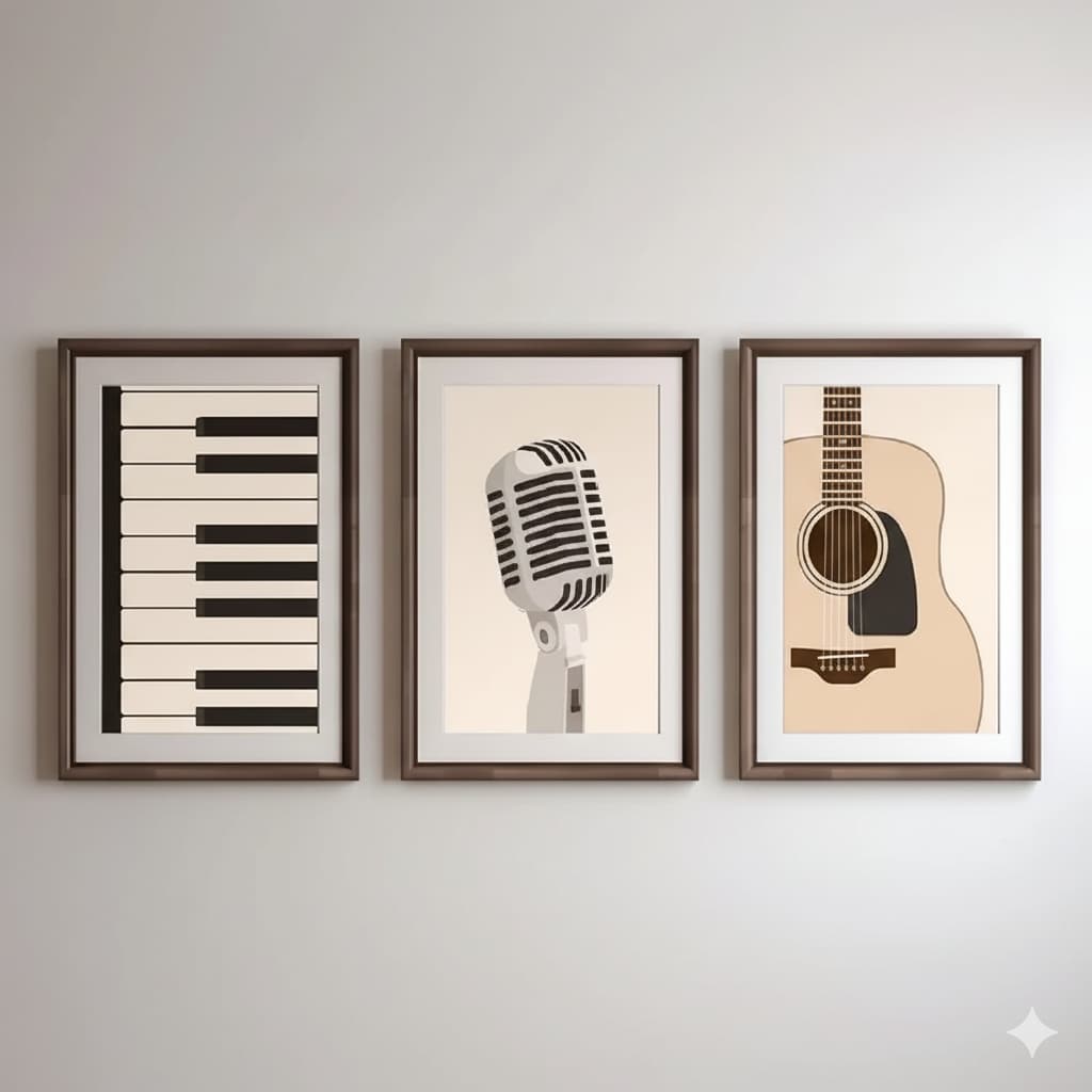 Quadros decorativos Retrô de Música com Guitarra Piano e Microfone Arte Ilustrada (3 peças)