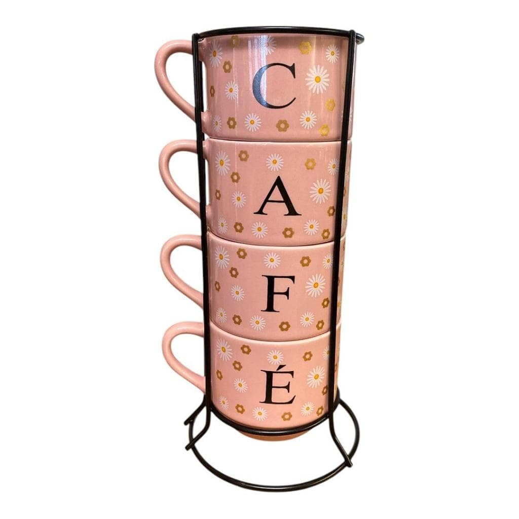 Kit Jogo 4 Xicaras Empilhadas Rosa Café Com Frases Chá Suporte