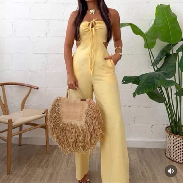 Macacão Kelly Feminino Longo Pantalona Forrado Com Bojo Tecido Sensorial Modelo Verão