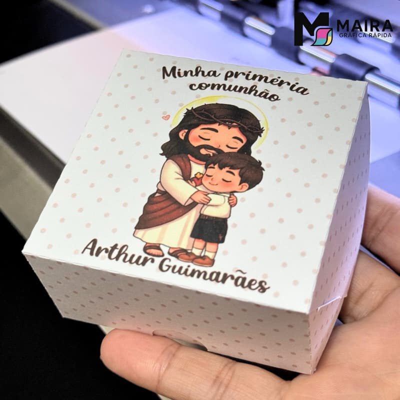 Kit 10 Caixas Personalizadas para 4 Doces - Minha Primeira Comunhão | Batizado | Tema Personalizado - Papel Offset 240g