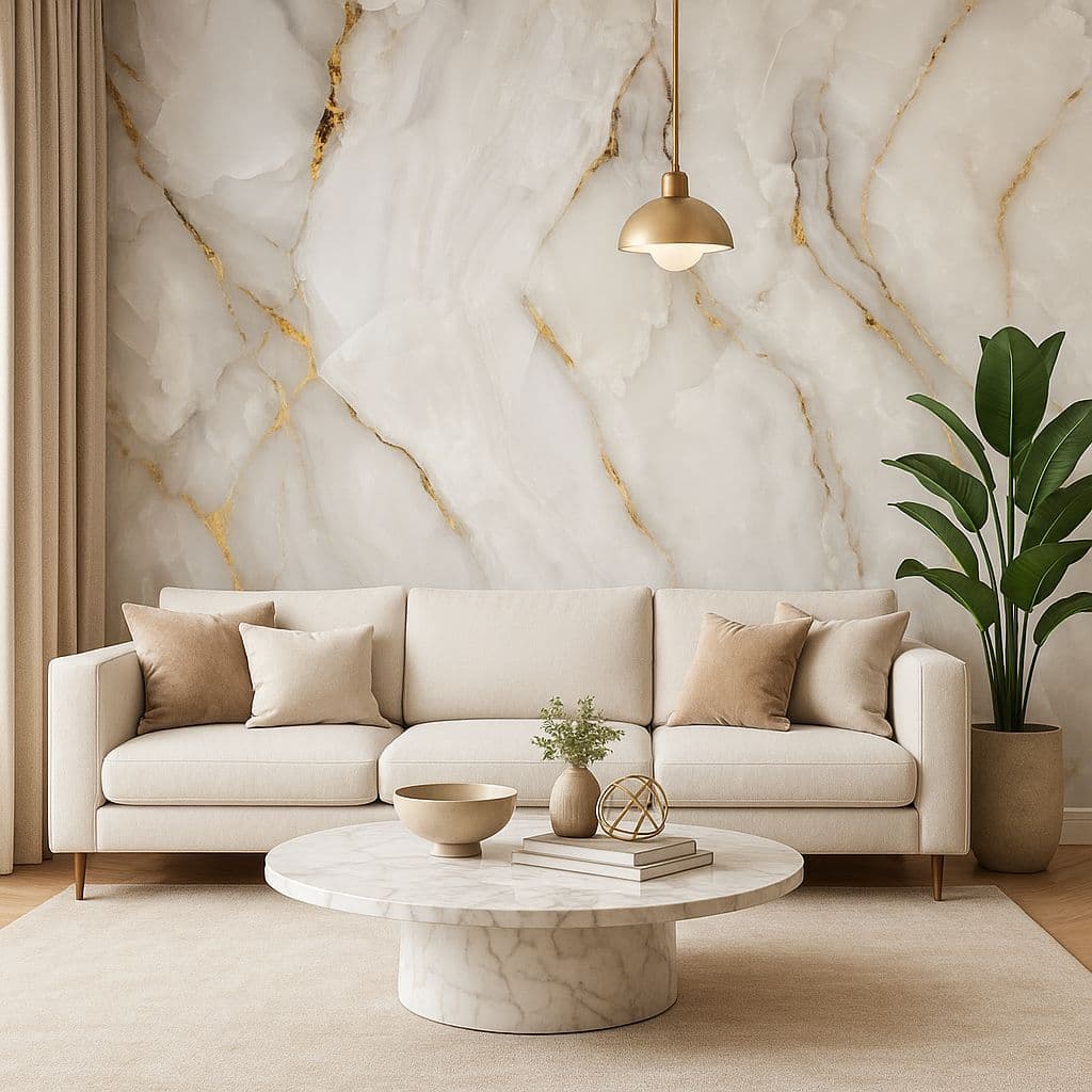 Papel De Parede Marmore 59 Branco com detalhes Dourado AutoColante 50 Cm de Largura p/ Sala Quarto