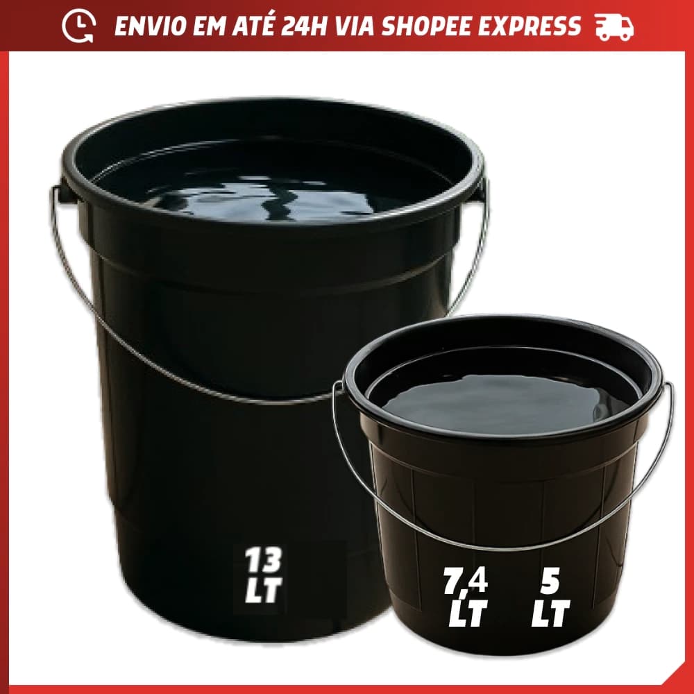 Balde Plástico Preto Alça Alumínio 20L, 7,4L e 5L Resistente Limpeza Casa