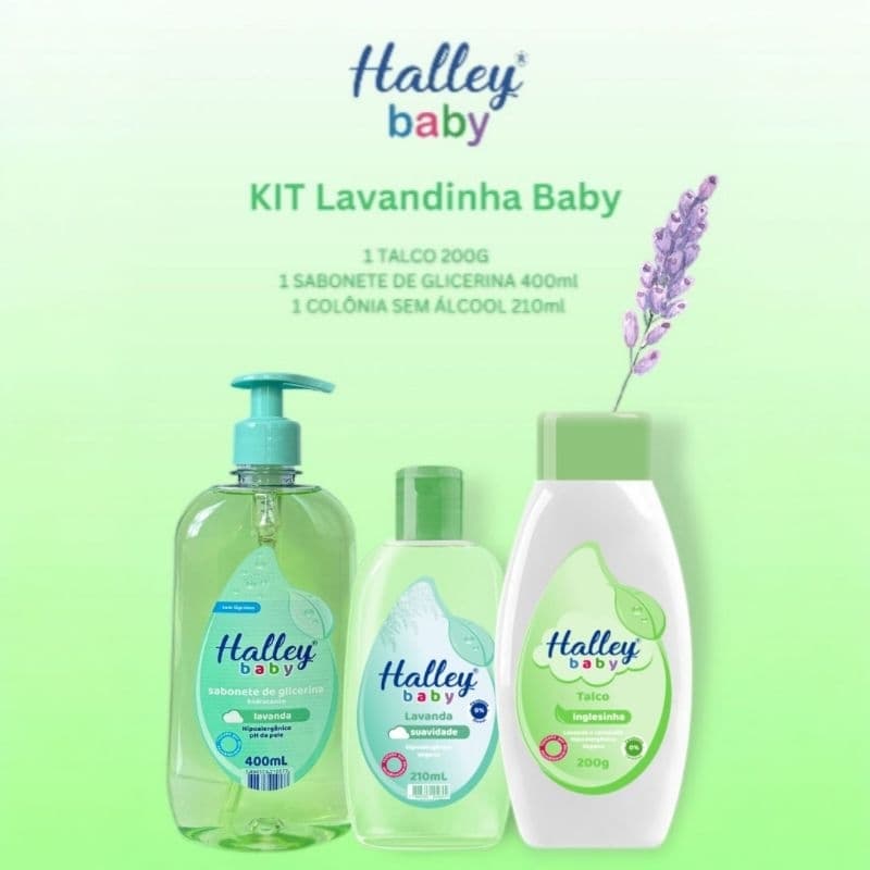 Halley Baby Kit Lavandinha com Sabonete Líquido de Glicerina, Colônia e Talco Resfrescantes