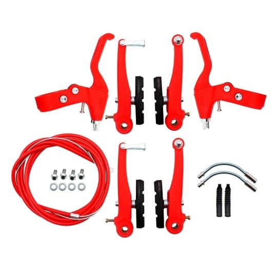 Jogo Freio Bike V-Brake Nylon Colorido Vermelho Completo Bicicleta Mtb + Maçanetas Cabos Nitrus