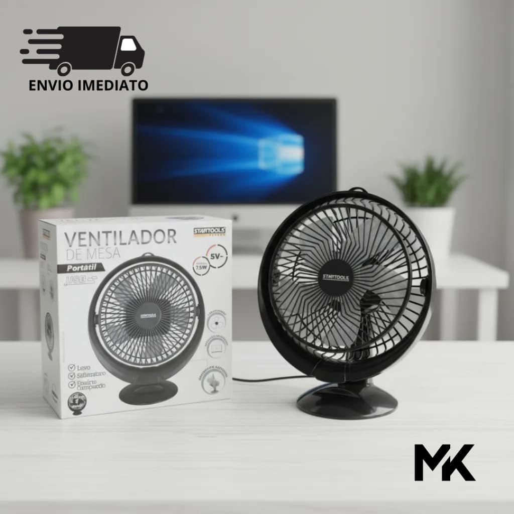 Ventilador Portátil USB Compacto Mesa Silencioso Design Moderno Preto