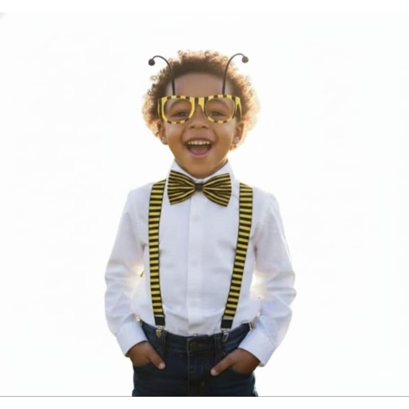 kit fantasia suspensório abelhinha ou joaninha três peças óculos com anteninha +gravata estilo borboleta festa primavera