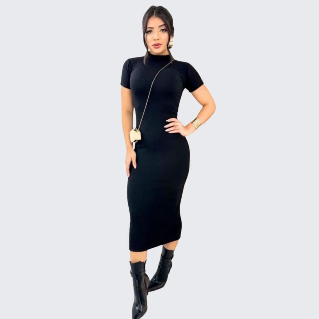 Vestido Feminino Midi Canelado de Manga Curta Tubinho Basica Casual