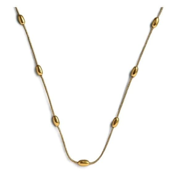 Colar de aço inox, prata e dourada corrente Serpente c/ bolinha oval 45 cm