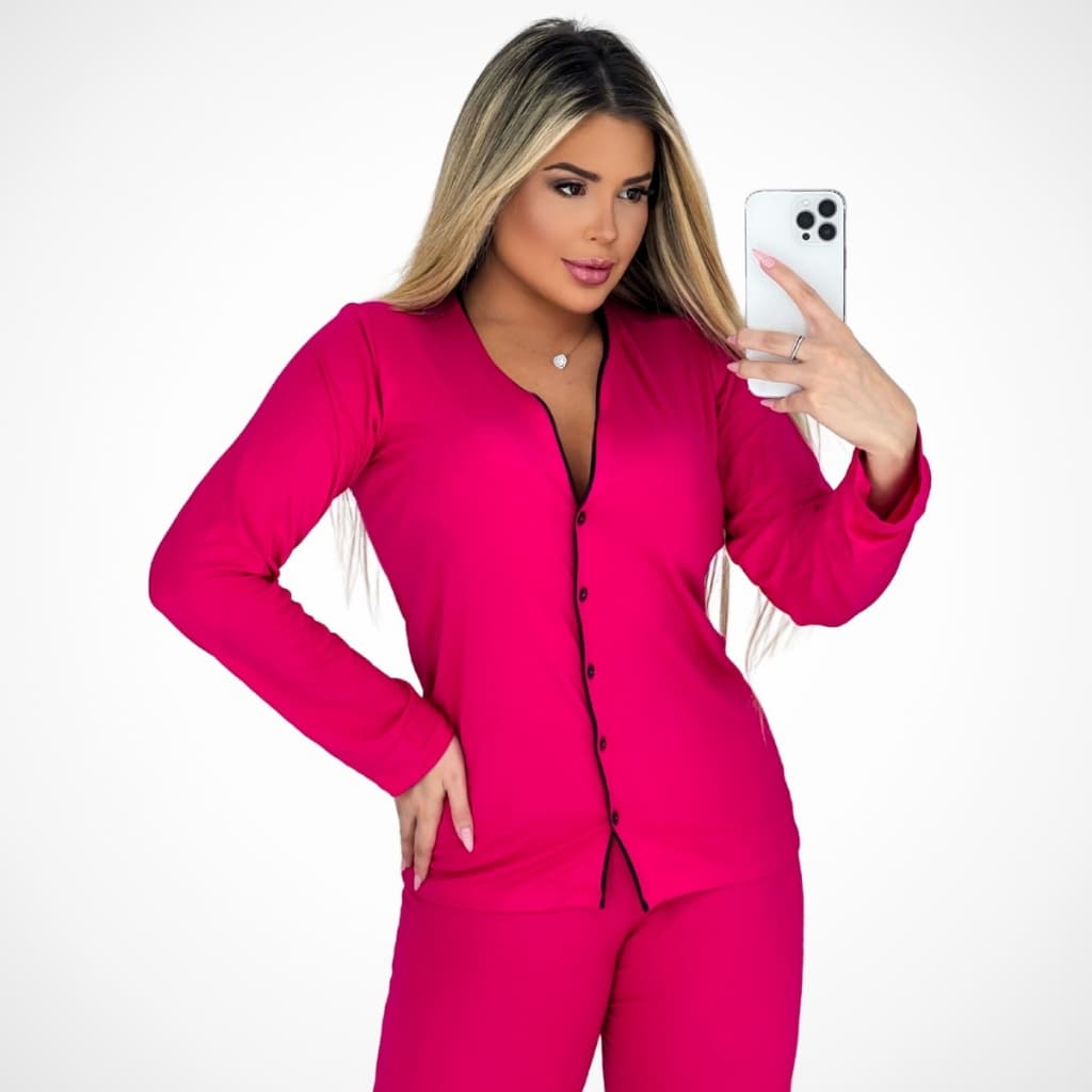Pijama Feminino Longo Americano Adulto De Botões Blusa Calça