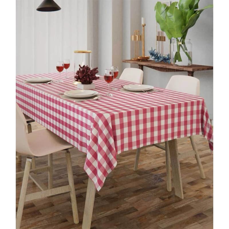 Toalha de Mesa 6 Lugares em Oxford Xadrez Rosa e Branco com acabamento na barra
