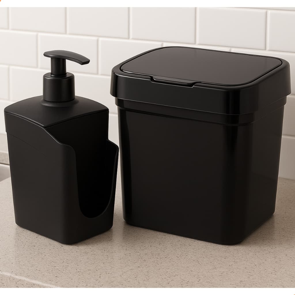 Kit Lixeira Pia de Cozinha 2,8 Litros e Dispenser Porta Detergente e Bucha Preto Casa
