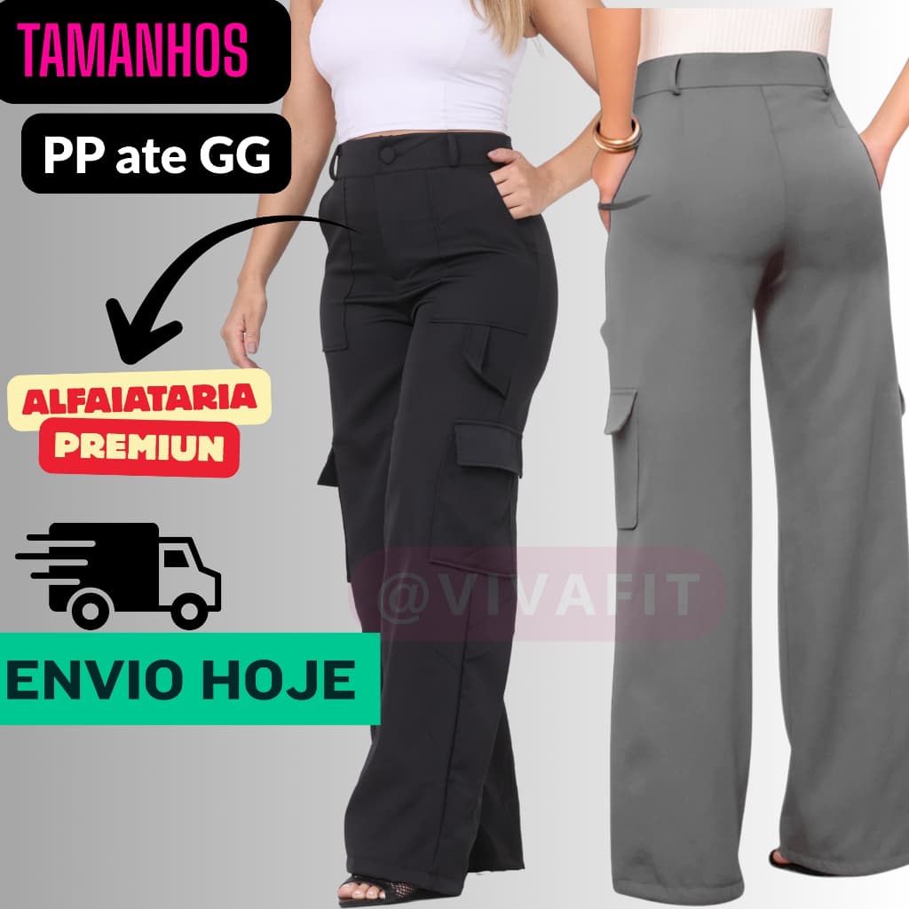 calça cargo alfaiataria feminina com ziper  bolsos P ate GG