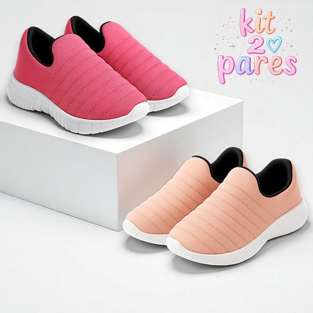 Kit 2 Tênis Infantil Menina Escolar Calce Fácil Leve Macio Slip On Moderna Antiderrapante