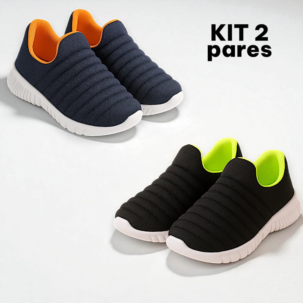 Kit 2 Tênis Sem Cadarço Calce Fácil Bordado Infantil Menino Confortável e Leve Colorido