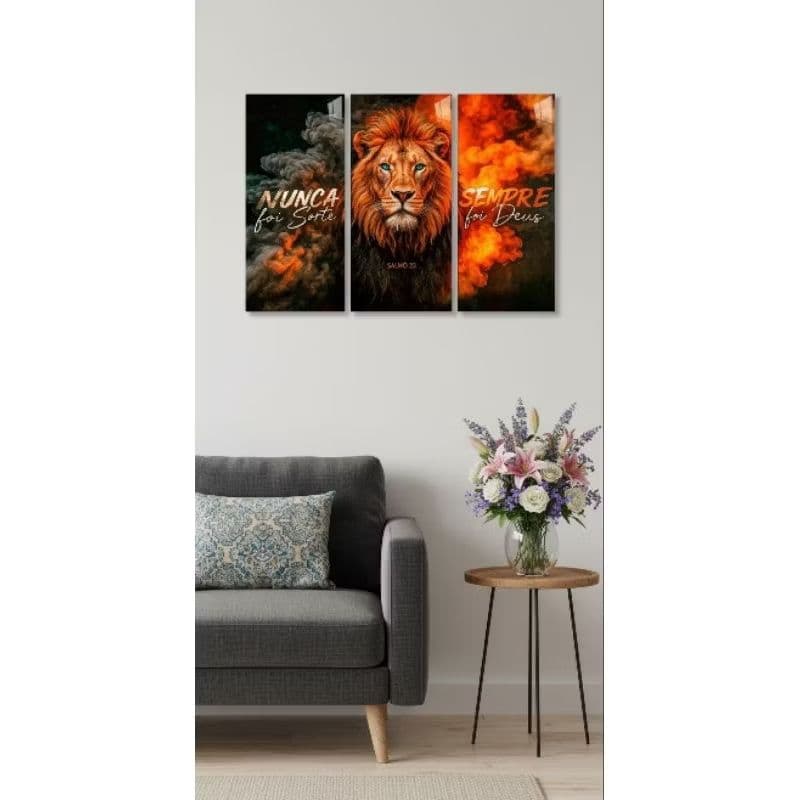 Quadro Trio Leão em Chamas - Nunca Foi Sorte, Salmo 23 - Decoração de Fé 3 Peças Mosaico 60x40