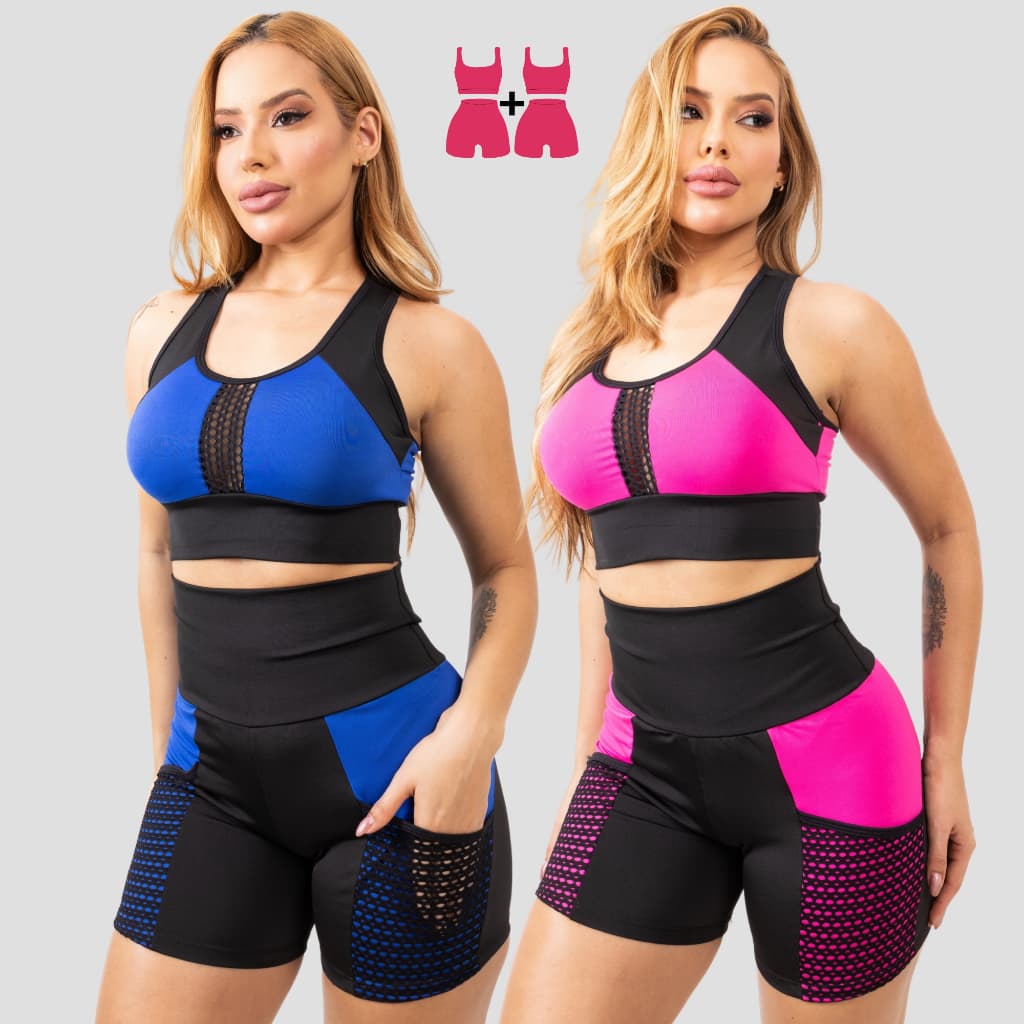 Kit 2 Conjuntos Academia Fitness Feminina – Top Nadador e Short Cintura Alta Compressão Cintura Modeladora