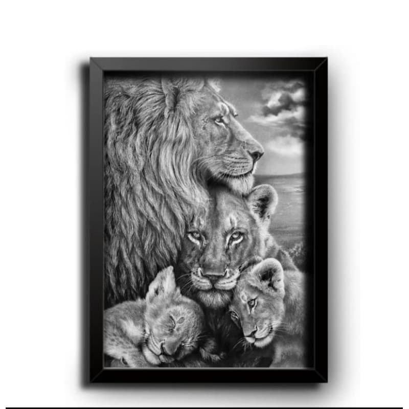 Quadro Decorativo Família Leão Preto e Branco | Leoa e Filhotes 1 Peça 60x40.