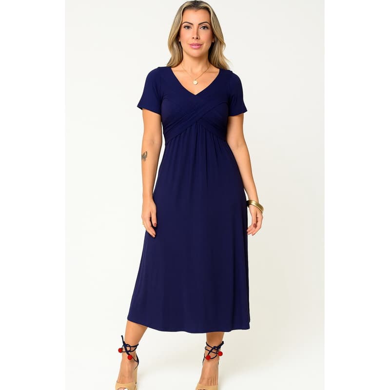 Vestido Feminino Malha Viscolycra Drapeado Midi Manga Curta Moda Modesta dia a dia