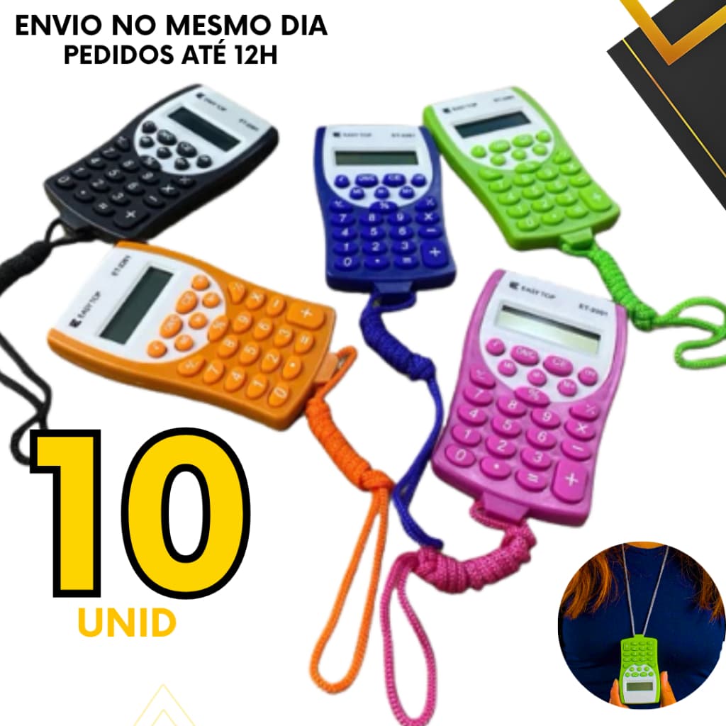 Kit 10, 5, 4 ou 2 un - Calculadora Eletronica c/ Cordão Auto Desligável 8 Dígitos Portátil Colorido