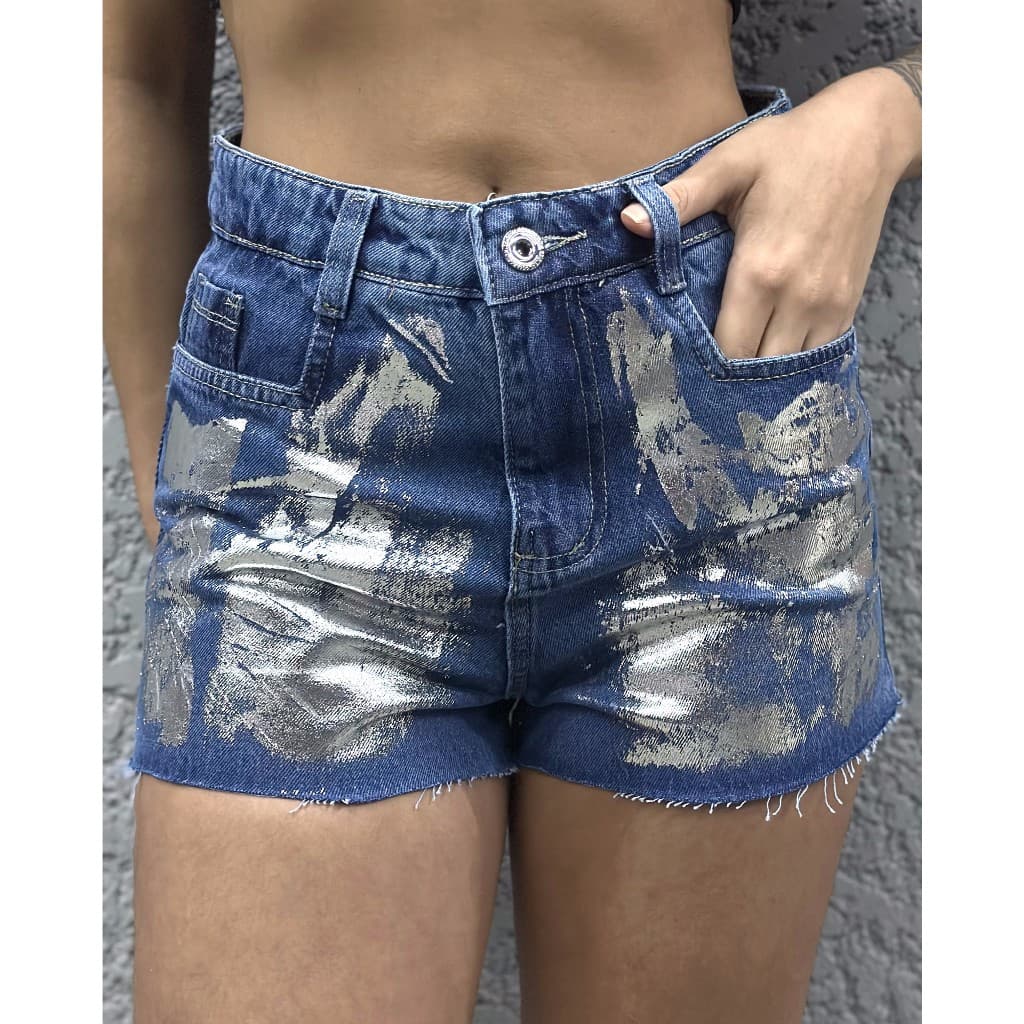 Short Jeans cintura alto prateado Short metalizado Femininos