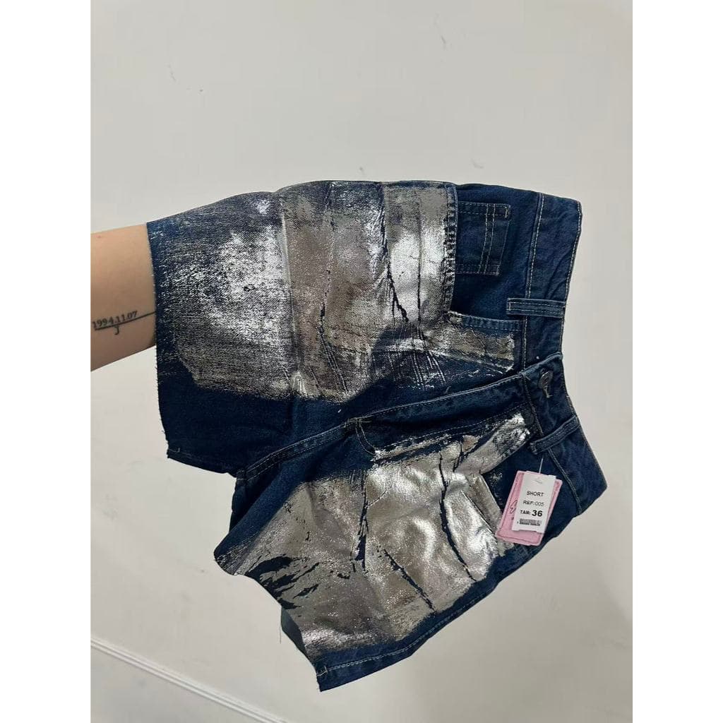 Shorts Jeans cintura alto prateado Short metalizado Femininos