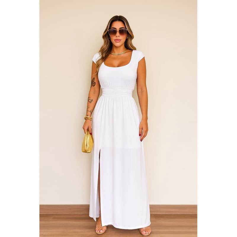 Vestido Regata Longo Feminino Liso Fluity com Bojo Drapeado no Busto Fenda Lateral