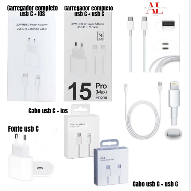 Kit Carregador de IPHONE Completo IOS/ IPHONE 15 usb C/ Cabo usb C + IOS/ Cabo usb C + usb C/ Fonte