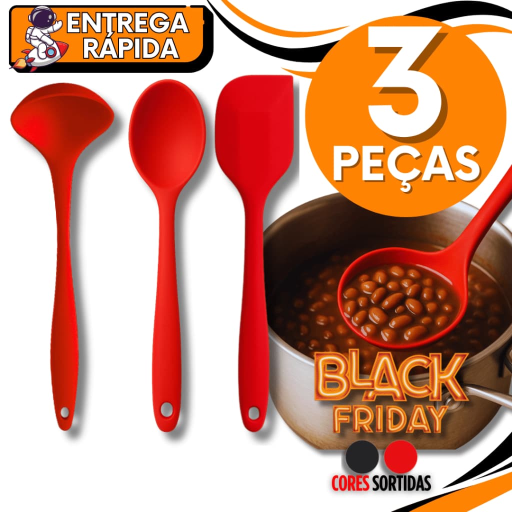 Jogo  03 Peças  Utensílios de Silicone Premium - Concha Multiuso Espátula Pão Duro Colher de Arroz Casa Cozinha
