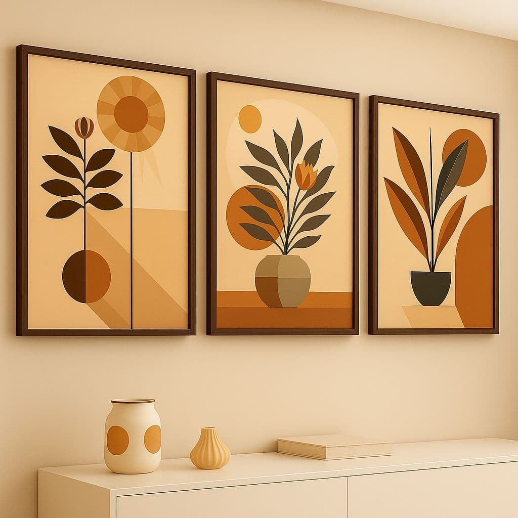 Quadro Decorativo 3 Peças Arte de Parede Abstratos Florais Tons Terrestres Minimalista