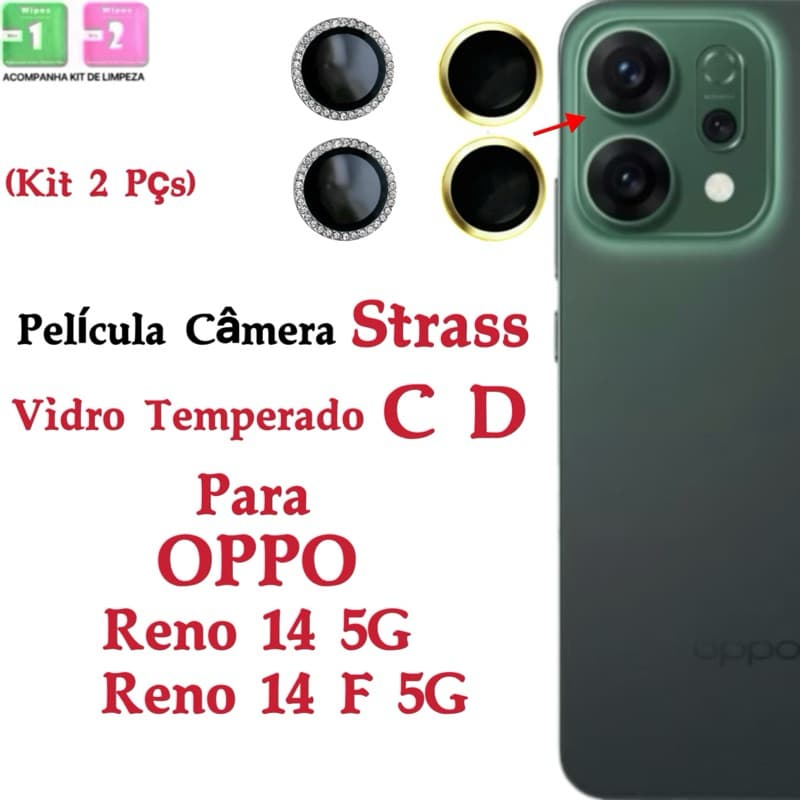 Kit (*2Pçs) Película Câmera Para OPPO Reno 14 5G Reno 14 F5G Diamante Anel Metal protetor lente Traseira Vidro Temperado