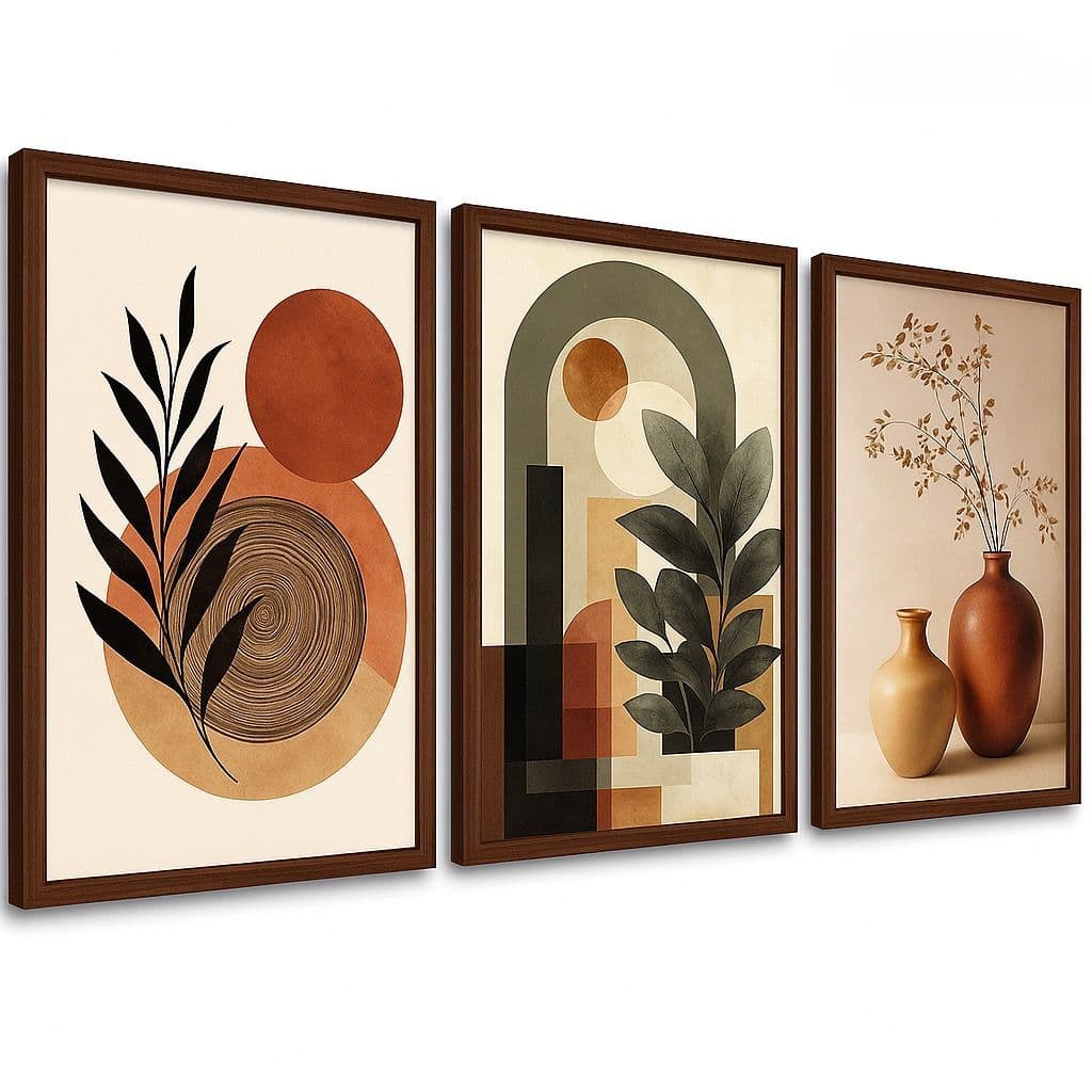 Quadro Decorativo 3 Peças Arte Moderna Vasos Abstratos e Plantas Tons de Terracota e Bege