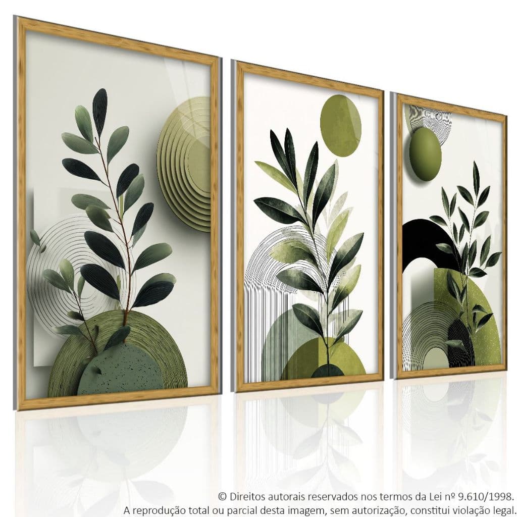 Quadro Decorativo 3 Peças Arte de Parede Abstrato Boho Plantas e Flores Verde Sálvia