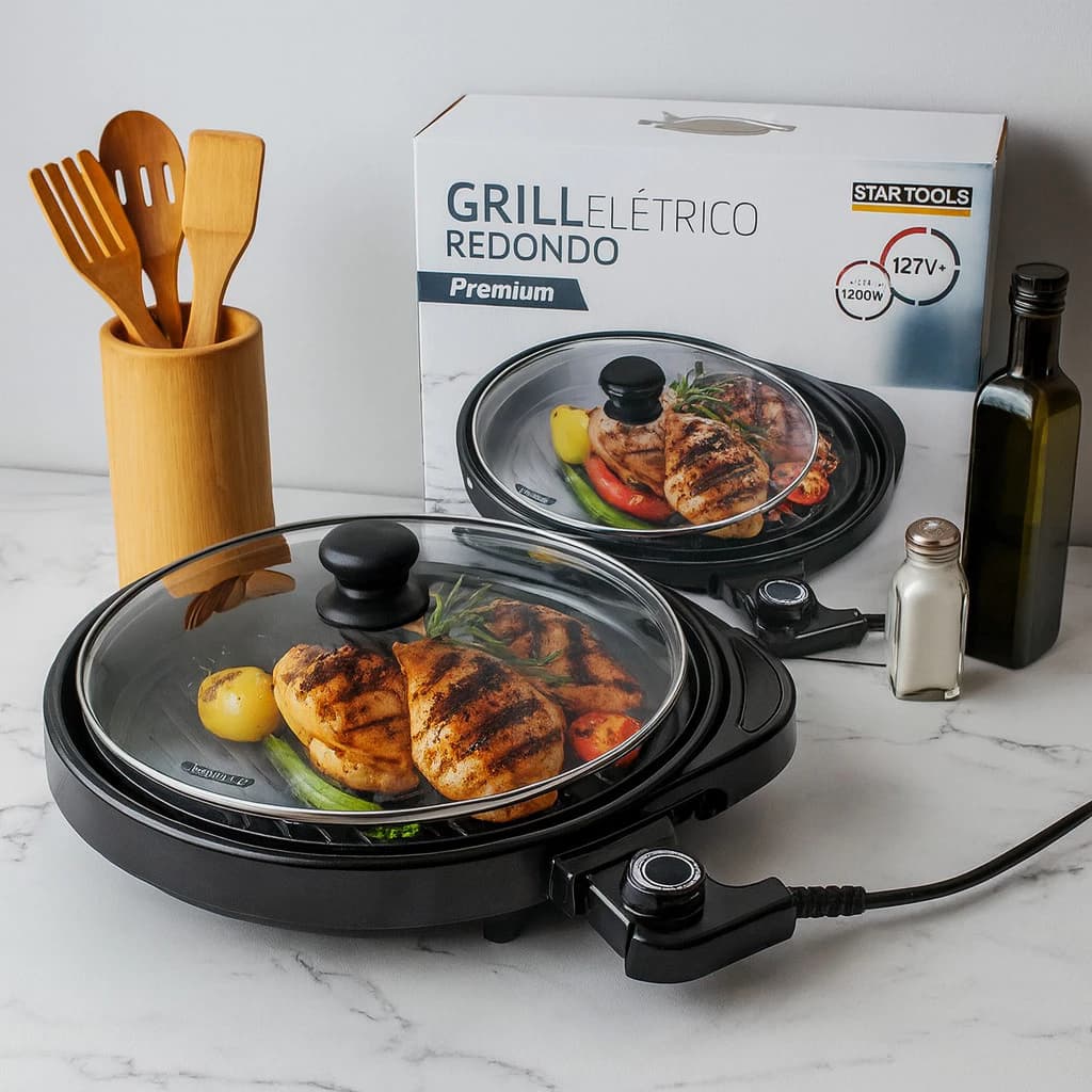 Grill Eletrico Redondo Ajuste Termostato Antiaderente 220v Preto