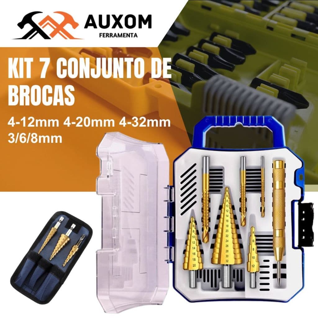 Broca Titânio Escalonada Aço / Broca Corte Lateral Marcador Punção Com Estojo Organizador P/Metal Aluminio Cobre