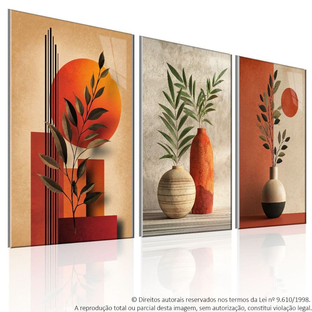 Quadro Decorativo 3 Peças Arte de Parede Boho Florais e Vegetais Design Contemporâneo