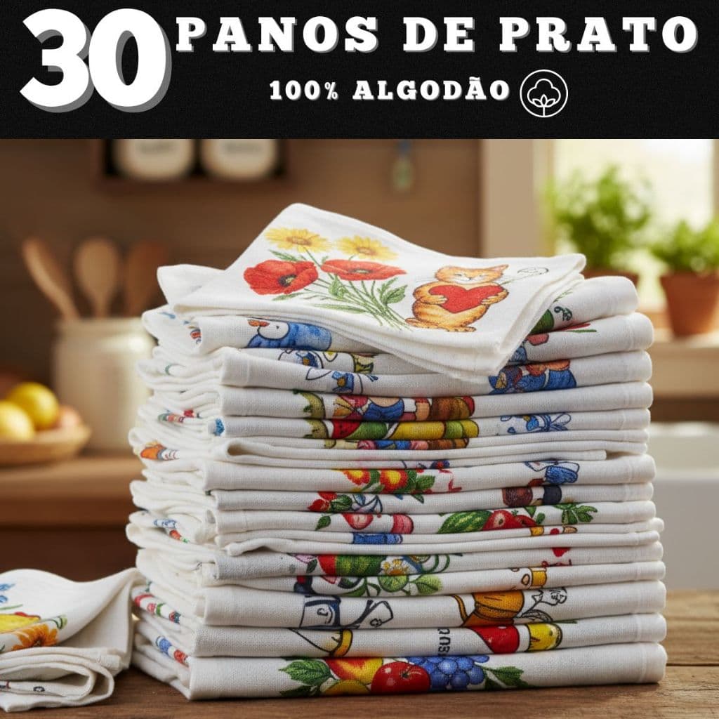 Pano de Prato Estampado Kit com 30 Grande Com bainha Resistente para Cozinha 100% Algodão Absorvente