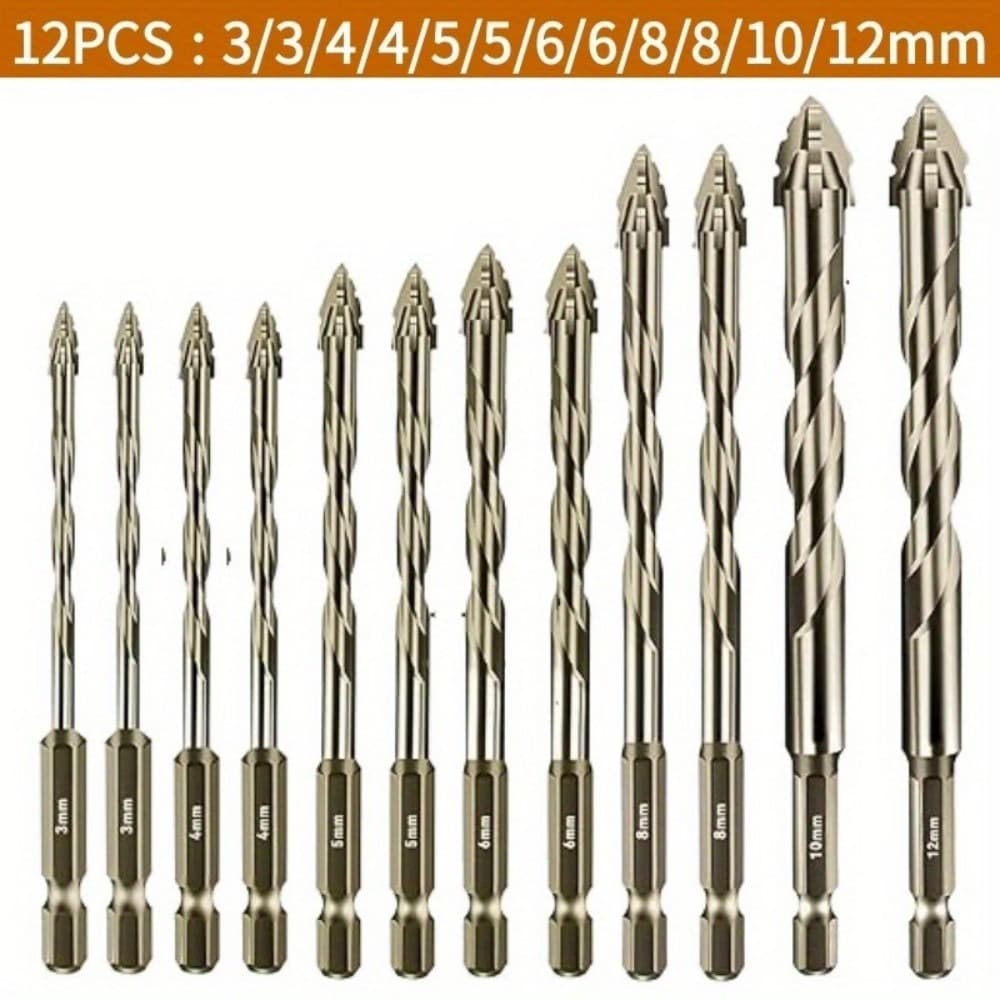 Brocas Para Alvenaria-Serrilhadas 12 peças 3 -12mm Com Ponta Forte Pedra , Vidro , Mármore , Azulejo