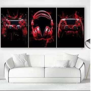 ​Kit de Quadros Gamer Controle Fone de Ouvido - Decoração Pop Art Vermelho e Preto para Setup e Quarto.60x40