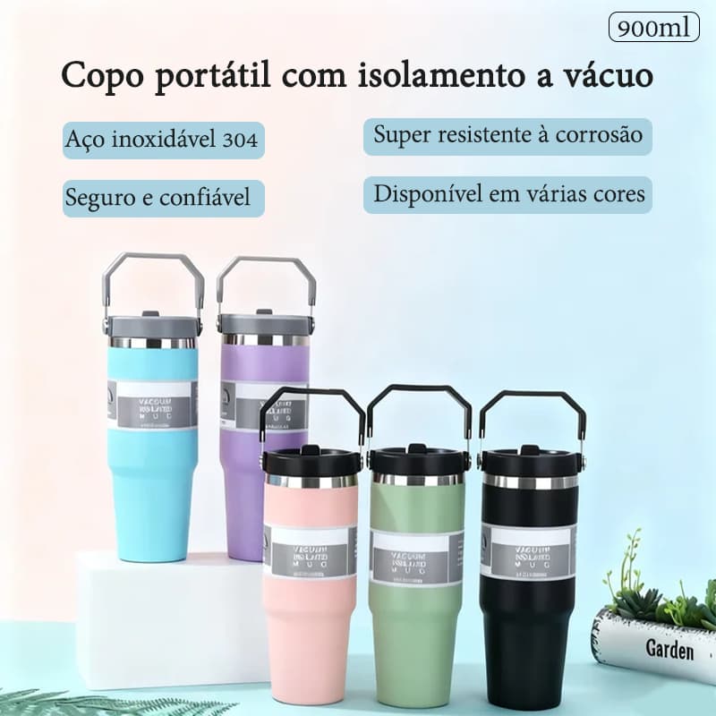 Copo Térmico Aço Inoxidável Isolamento Térmico Com Canudo Alça para Transporte Portátil  Generosa