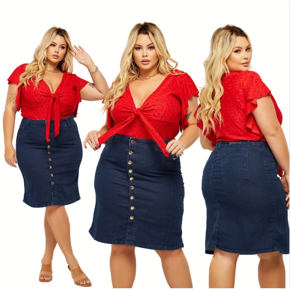 Saia Jeans Midi Com Lycra Moda Evangelica Com Botões Plus Size Tendência Moderna Confortável Linda Ótima Qualidade Preta