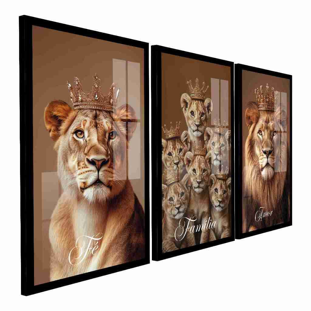 Quadro Decorativo Família Leão Leoa 6 Filhotes Coroa Amor Fé Mdf3mm Sala Quarto Hall