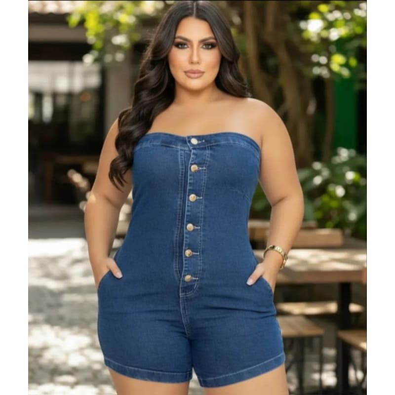 Macacão Curto Plus Size Jardineira Short Jeans feminino Cos Alto *Promoção*