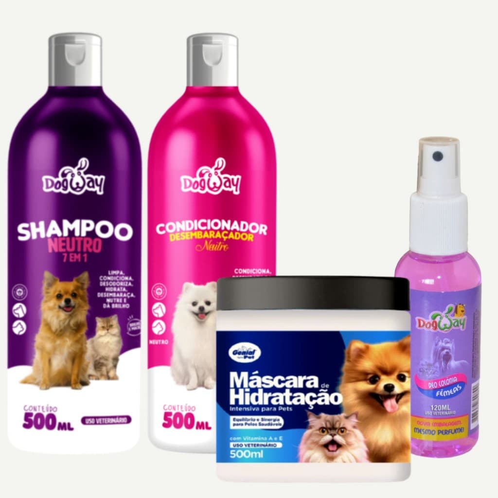 Kit Shampoo Neutro 7 Em 1 + Condicionador Desembaraçador de Pelagem + Mascara Hidratação + Perfume Cachorro e Gato