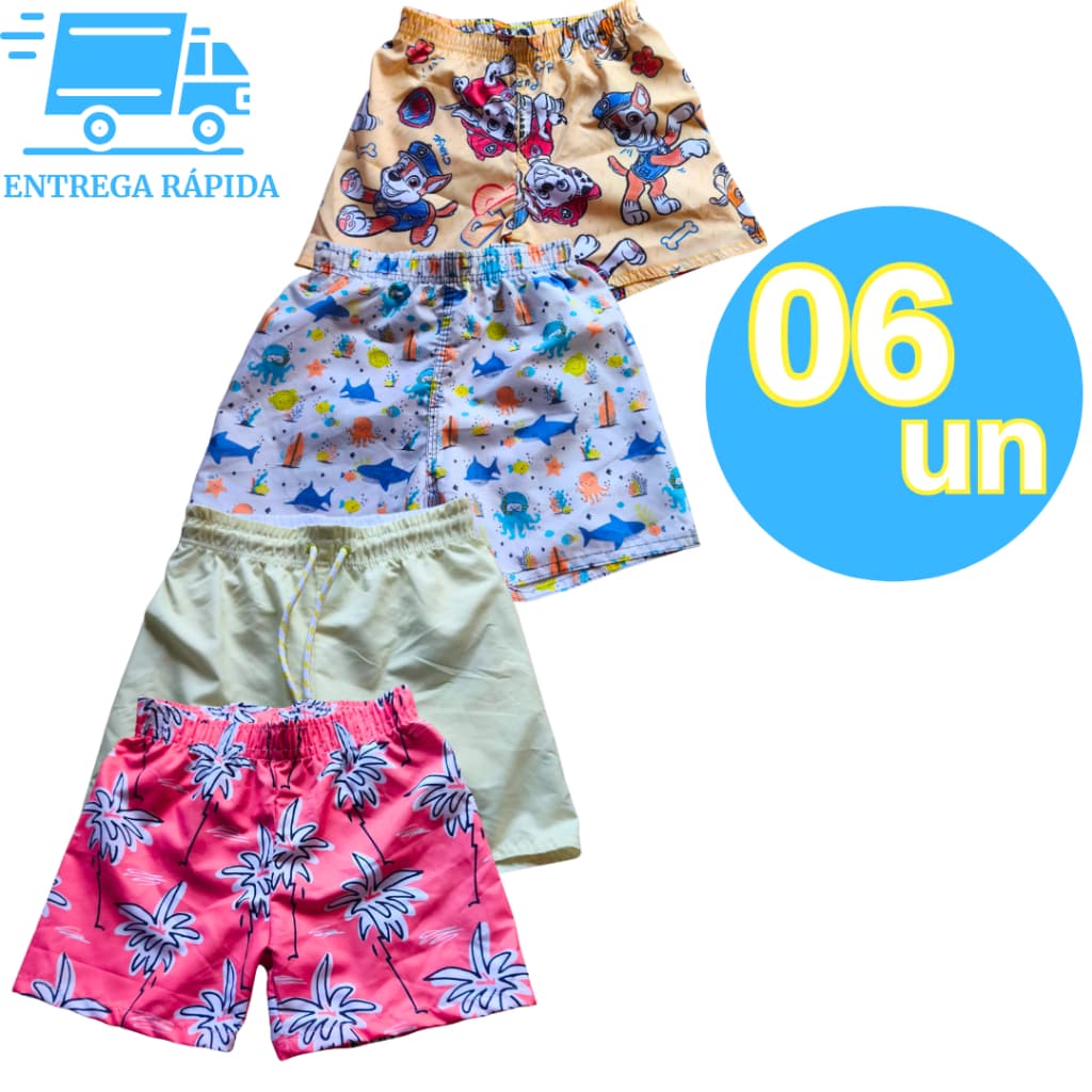 Kit 6 Bermudas Infantil Juvenil Tactel Premium Meino Shots Variedades de Estampas Desenhos Praia