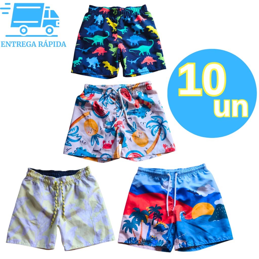 Kit 10 Bermudas Tactel Premium Infantil Juvenil Menino Variedades de Estampas Desenhos Praia Verão