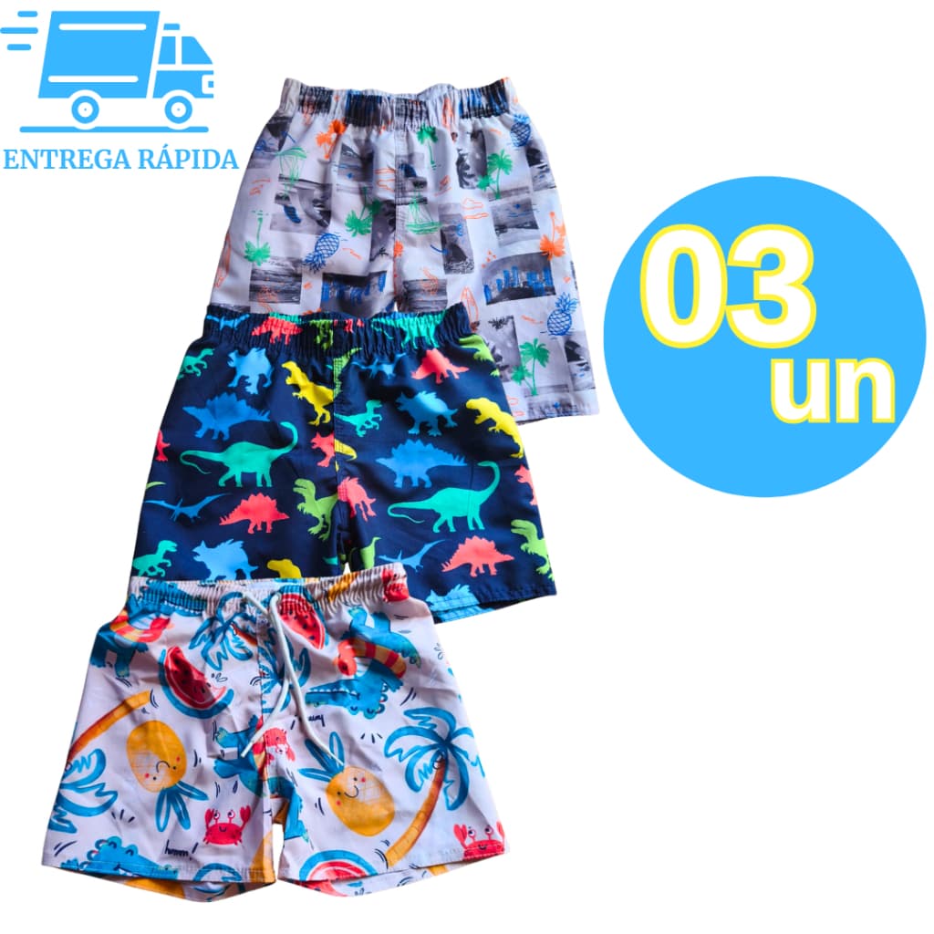 Kit 3 Bermudas Tactel Premium Infantil Juvenil Menio Variedades de Estampas Desenhos Praia Verão
